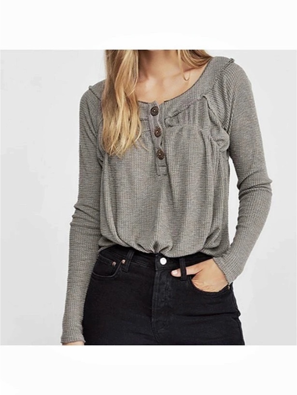Free People We The Free Must Have Waffle Knit Henley Top Gray Size M
